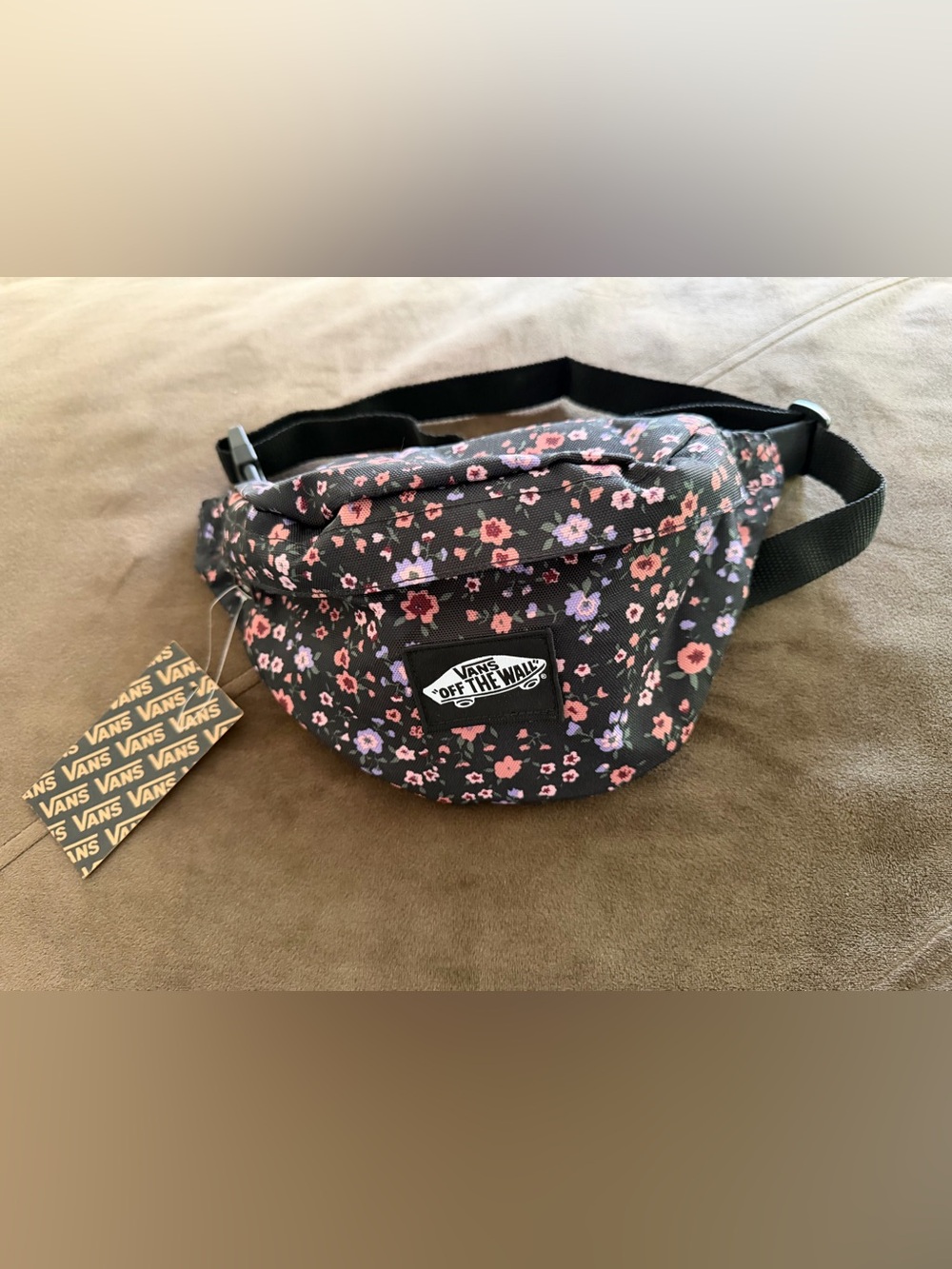 Vans Black Floral Waist Bag with Pink and Lavender Blossoms
